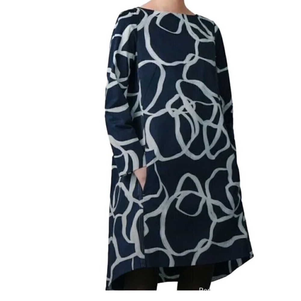 COS Mini Dress Navy Abstract Print Voluminous A-Line Hi Low Long Sleeve US6